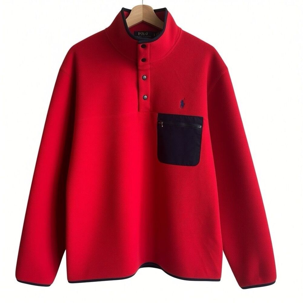 Polo Ralph Lauren Brushed Fleece L Men’s Red  Mockneck Snap Pullover Pocket